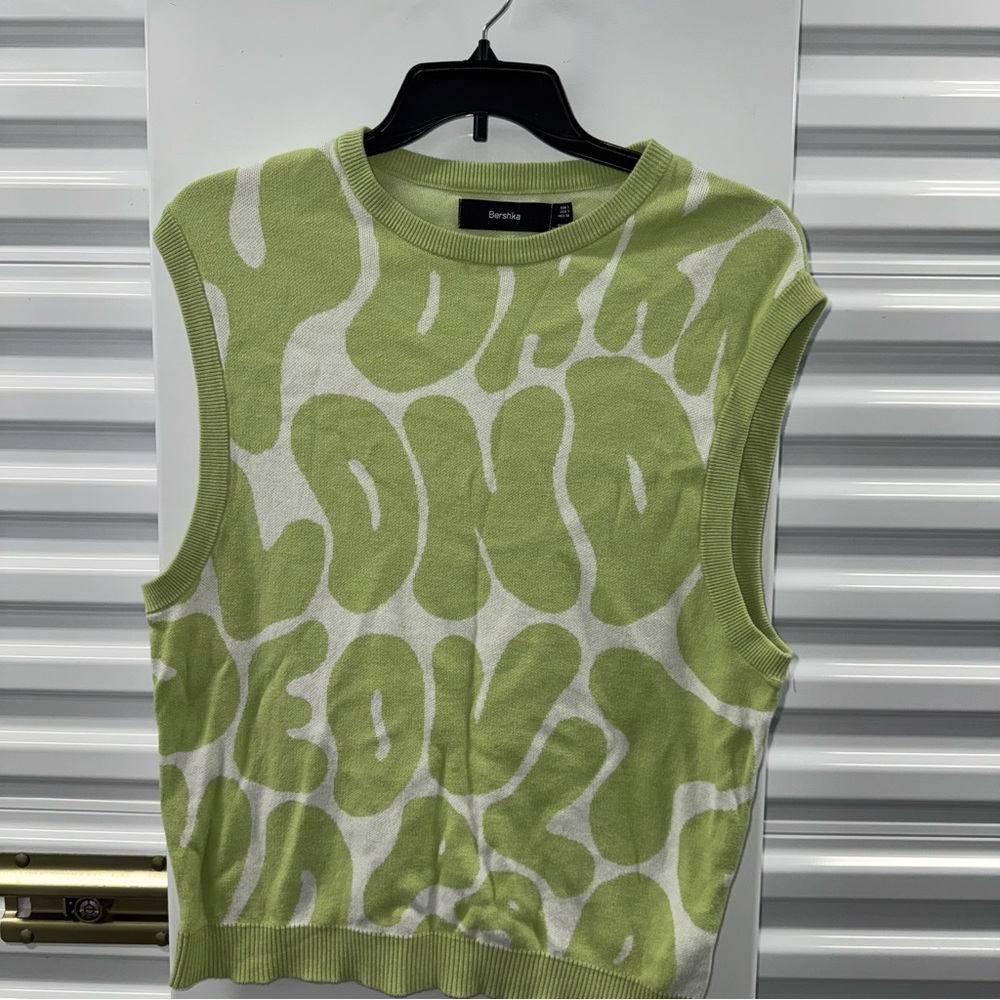 Bershka Lime Green and White Graphic sweater vest